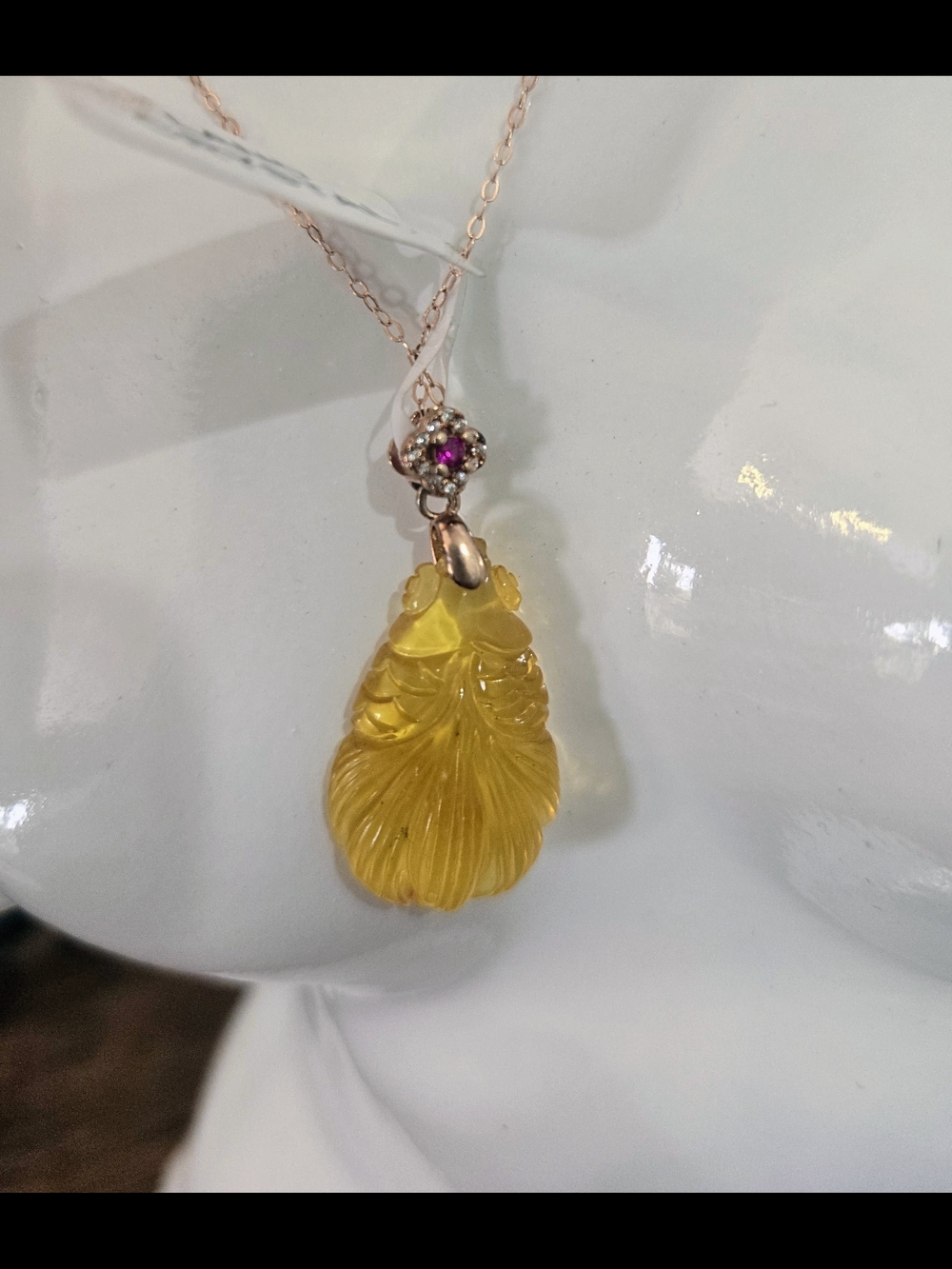 Carved Amber Fish S925 Rose Gold Plated Pendant Necklace